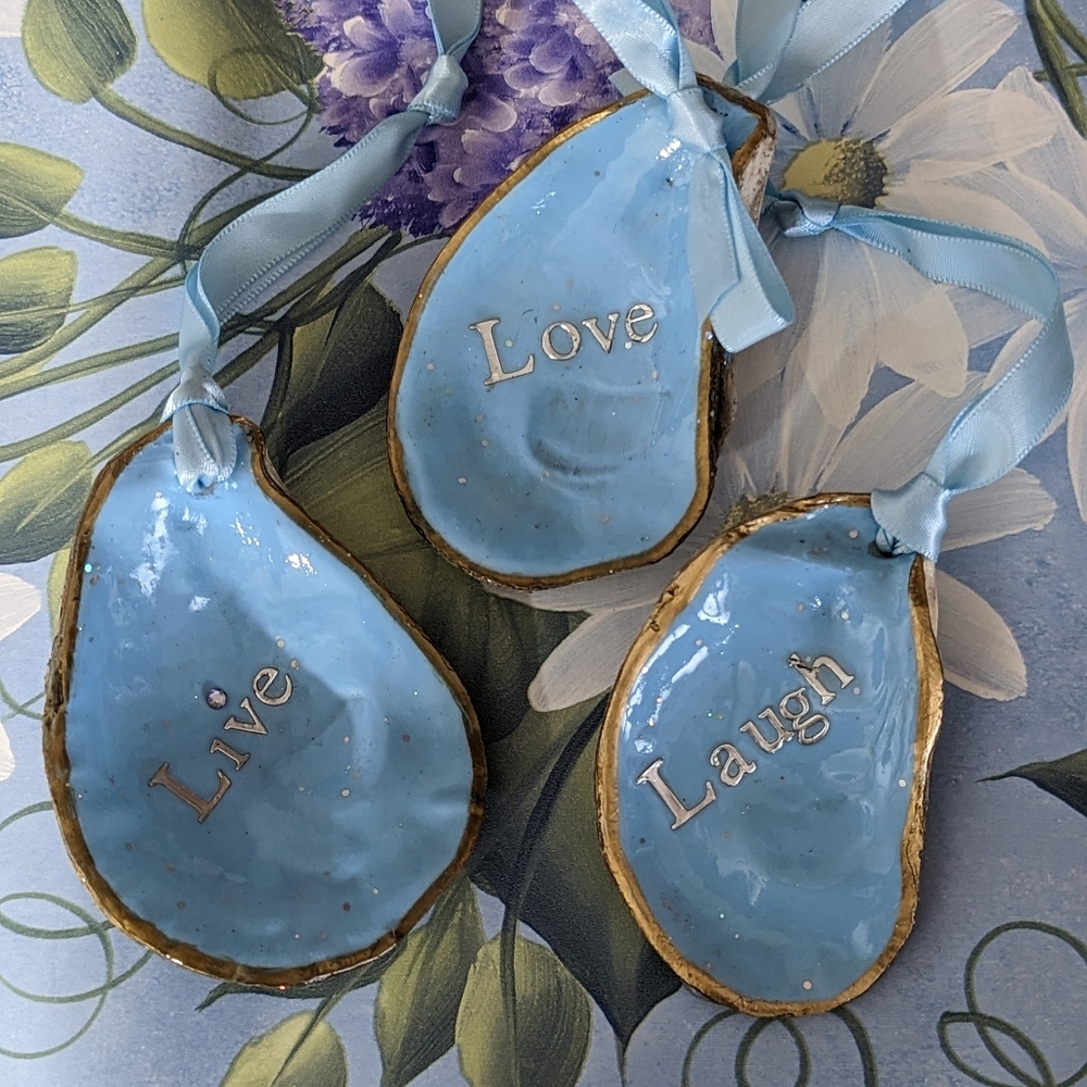 Set of 3 handcrafted oyster shells Live Love Laugh Tiffany blue original artwork